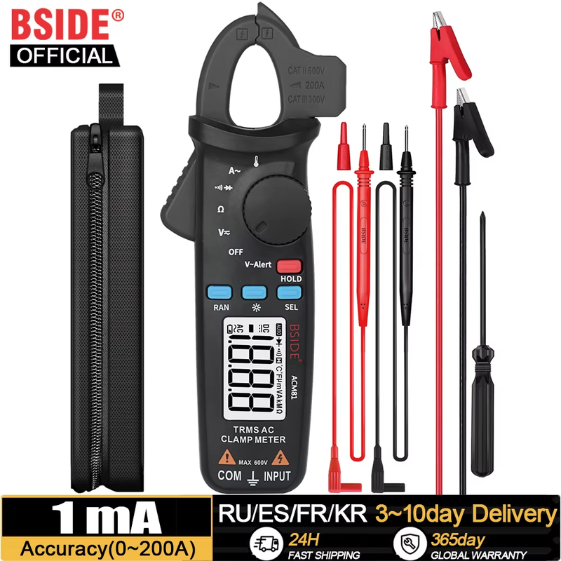 Digital Clamp Meter Auto-Rang True RMS 1mA Accuracy 200A Current DC AC Multimete