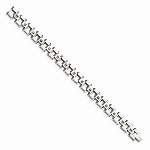 Pre-owned Chisel Stainless Steel Polished & Black Diamonds 8.5in Bracelet In White
