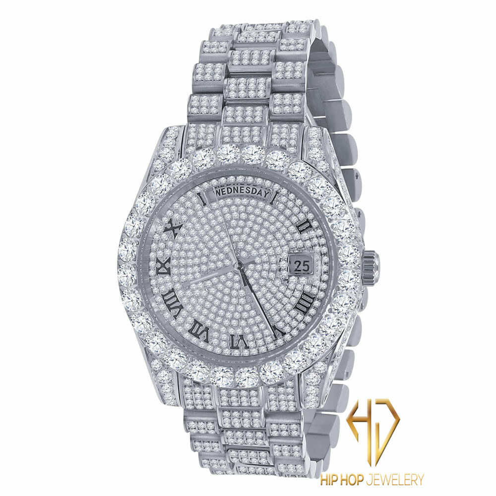 Pre-owned Bling Master Roman Dial Solitaire Stainless Steel 18k White Gold Day & Date 40 Mm Men's Watch