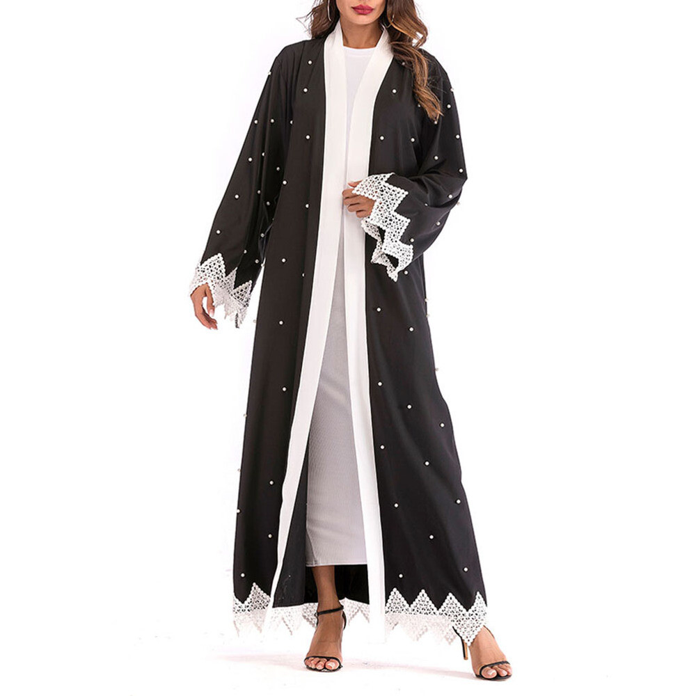 MARKENLOS 3 STÜCKE FRAUEN ROBE LOSE LANGARM PATCHED PERLEN MODE DUBAI KAFTAN MUSLIM KLEID
