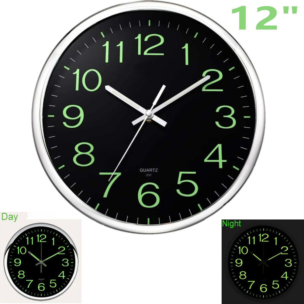 Large Wall Clock Glow In Dark Silent Quartz Indoor Outdoor Luminous Decor 12''