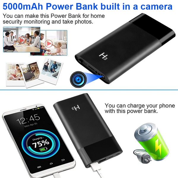 Multifunctional 5000mAh power bank with built-in camera.