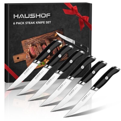HAUSHOF 6PK Steak Knives Set German Stainless Steel Premium Serrated w/Gift Box