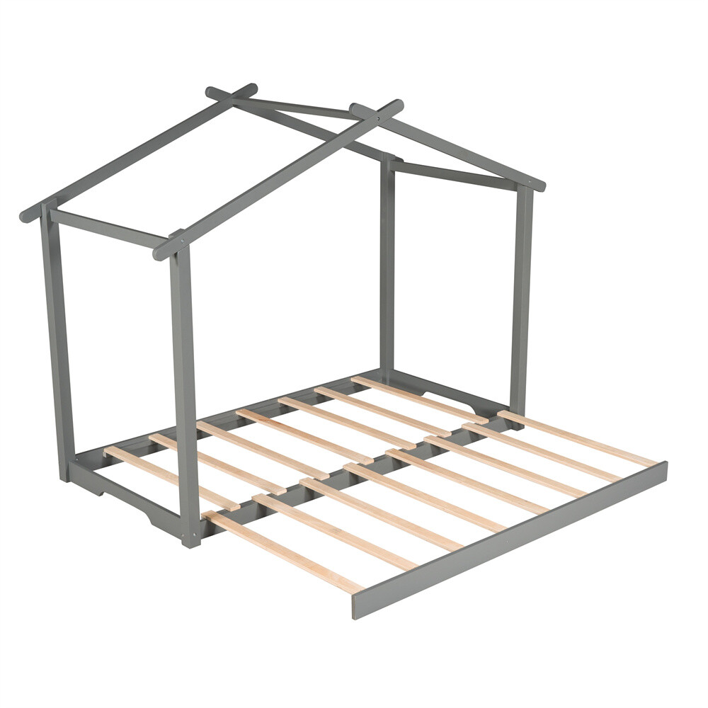 Twin XL/King Size House Platform Bed with Trundle,Roof Design Bed Frame