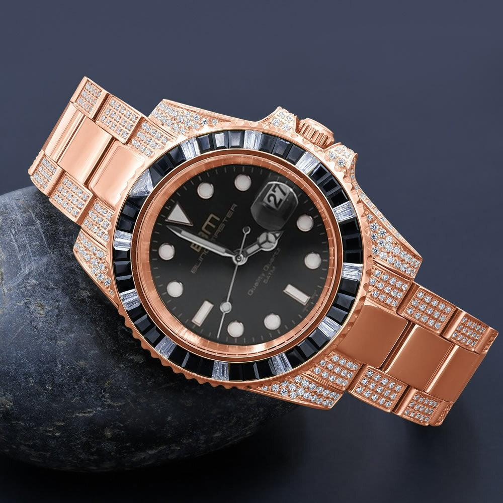 Pre-owned Bling Master 18k Rose Gold Finish Full Stainless Steel Simulated Diamond Mens President Watch