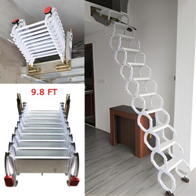 9.8ft Attic Loft Pull Down Ladder White Wall Mounted Folding Loft Ladder Stairs