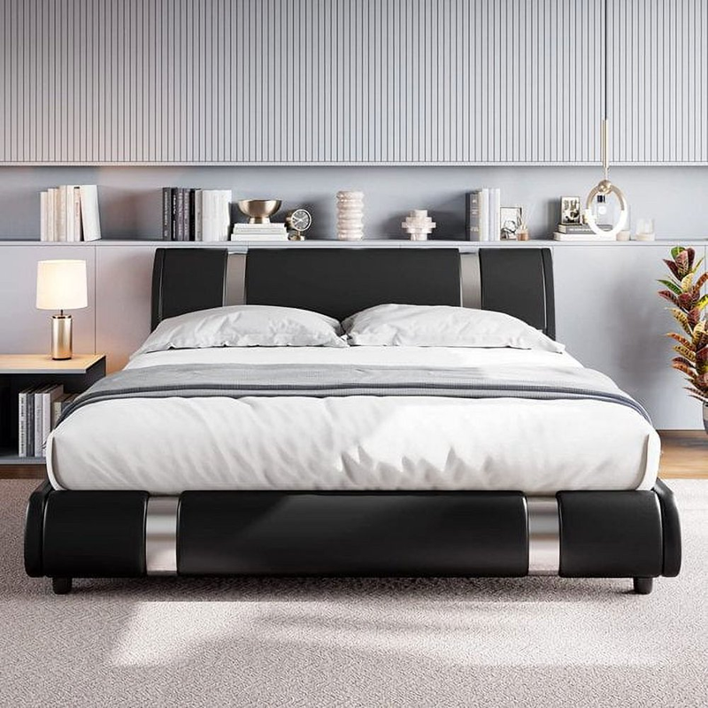 Bed Frame Upholstered Modern Faux Leather Sleigh Shape Headboard Wood Slat King