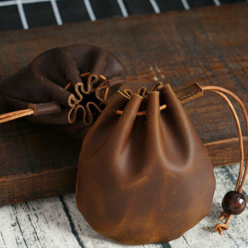 Drawstring Bag Genuine Leather Wallet Coin Pouch Case Purse For Men & Women