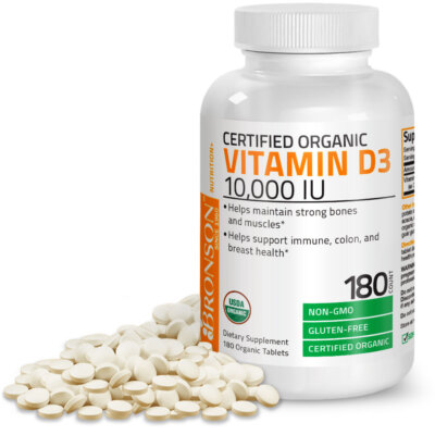 Vitamin D3 10,000 IU High Potency USDA Certified Organic Vitamin D, 180 Tablets