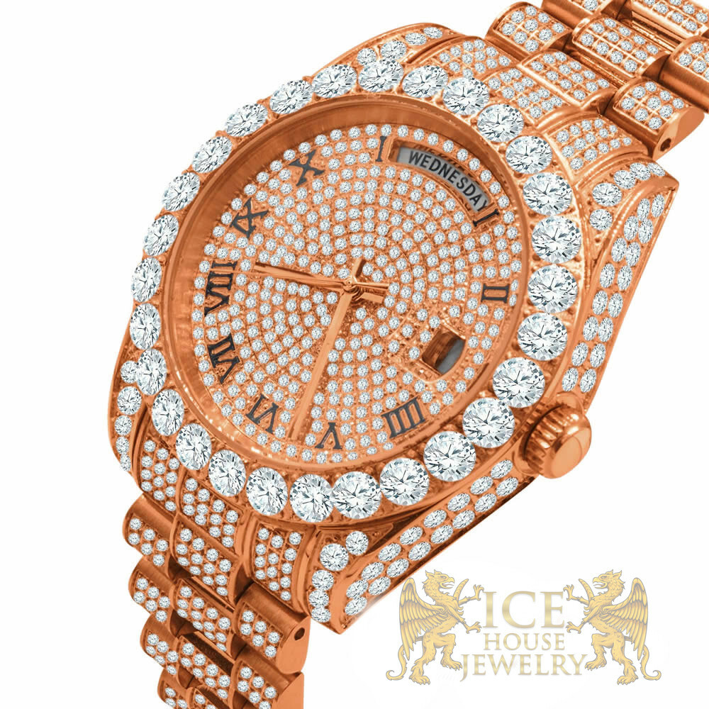 Pre-owned Bling Master Solid Stainless Steel Solitaire Roman Dial 18k Rose Gold Day & Date Men's 40 Mm