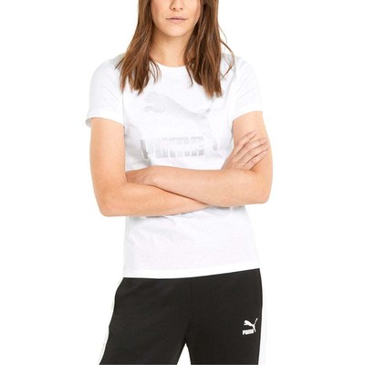 Puma Classics Metallic Logo Crew Neck Short Sleeve TShirt Womens White Athletic