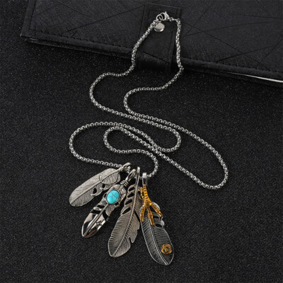 Men Retro Stainless Steel 3D Casting Feather Eagle Claw Style Pendant Necklace