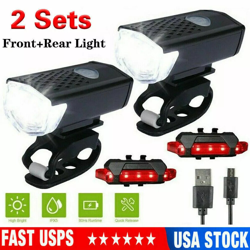 2 Sets USB Rechargeable LED Bicycle Headlight Bike Front Rear