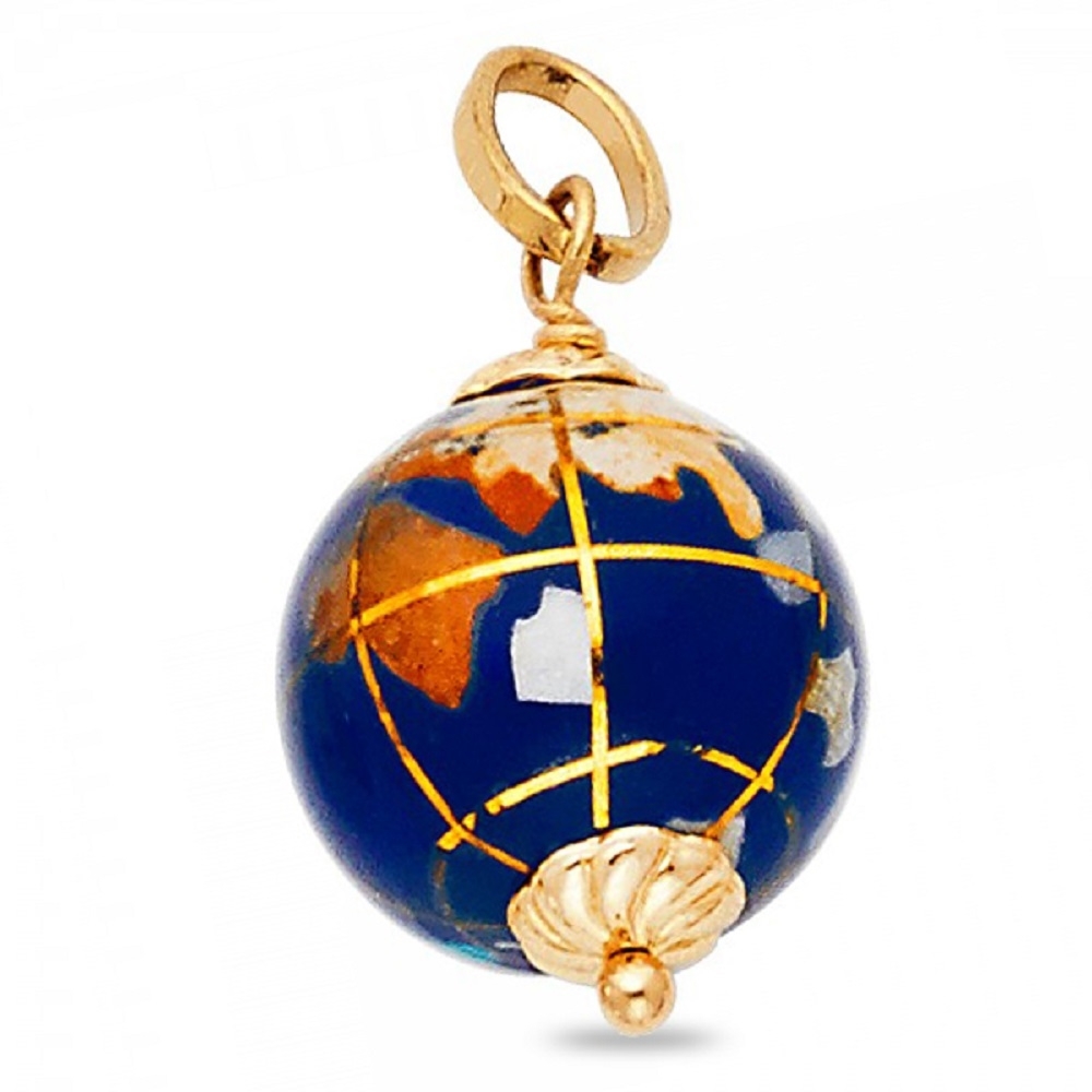 Solid 14k Yellow Gold Globe Pendant Earth Charm Polished Ball Enamel