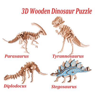 3D Wooden Dinosaur Puzzle - 4 Piece Set Wood Dinosaur Skeleton Model Puzzle DIY