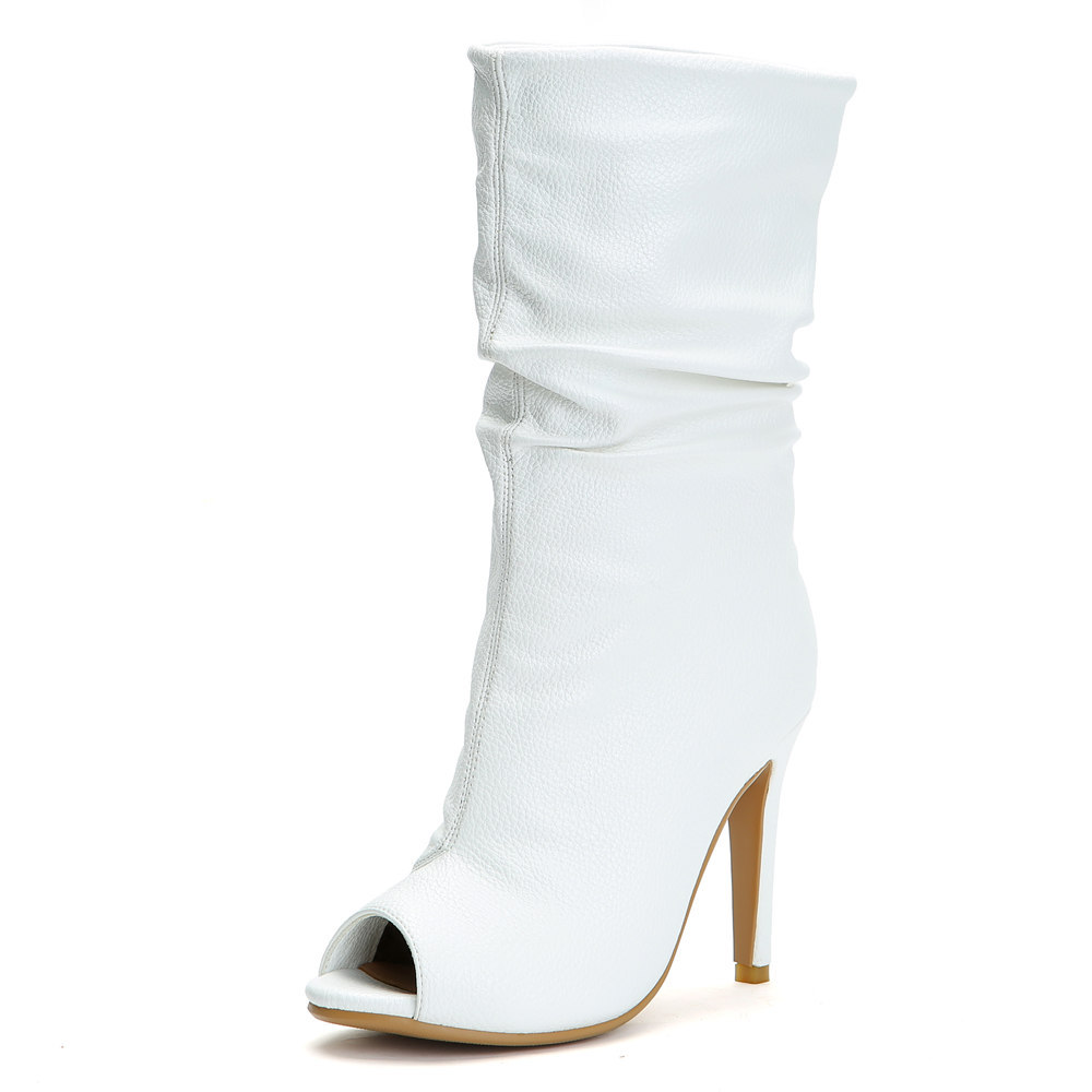 white thin heel booties