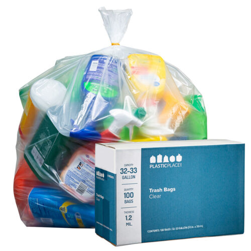 Plasticplace 32-33 Gallon Trash Bags - Clear, Case of 100 Garbage Bags