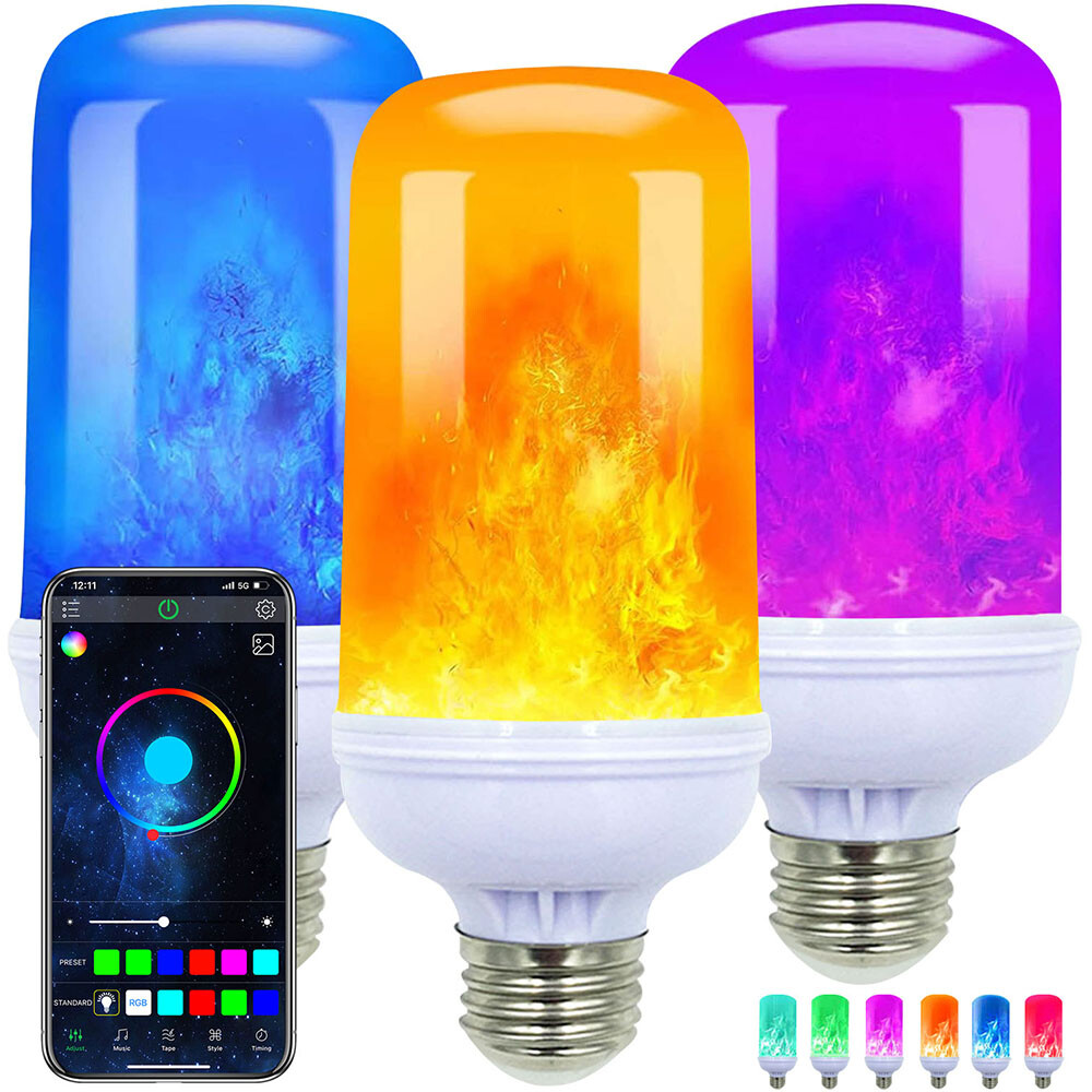 E26/E27 RGB Music Sync LED Flame Effect Light Bulb Bluetooth APP Control Timer