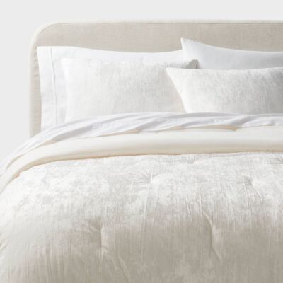 Threshold Comforter Bedding Set Velvet OEKO-TEX Distressed Crinkle, Ivory, King