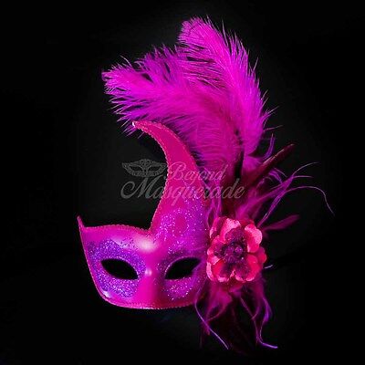 Ostrich Feather Venetian Masquerade Mask for Women M6123 [Hot Pink]