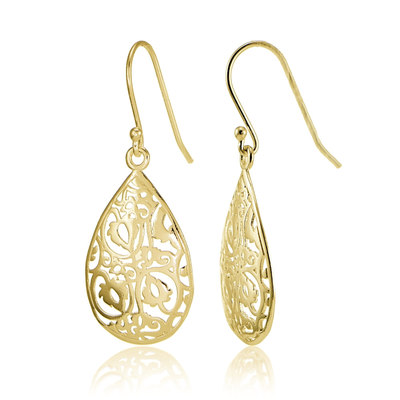Yellow Gold Flashed Sterling Silver Filigree Teardrop Earrings