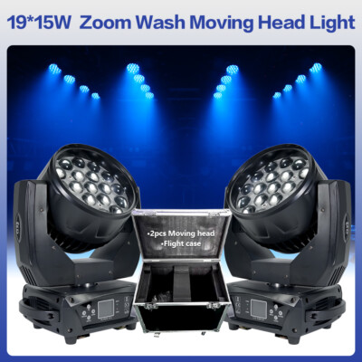 2 Lights + Flightcase Led 19X15W Beam Zoom Wash RGBW Moving Head Stage Light