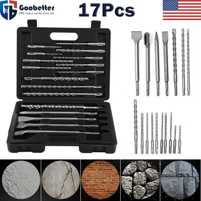 17x SDS Plus Rotary Hammer Drill Bit Chisels Set Concrete Stone with Plastic Box