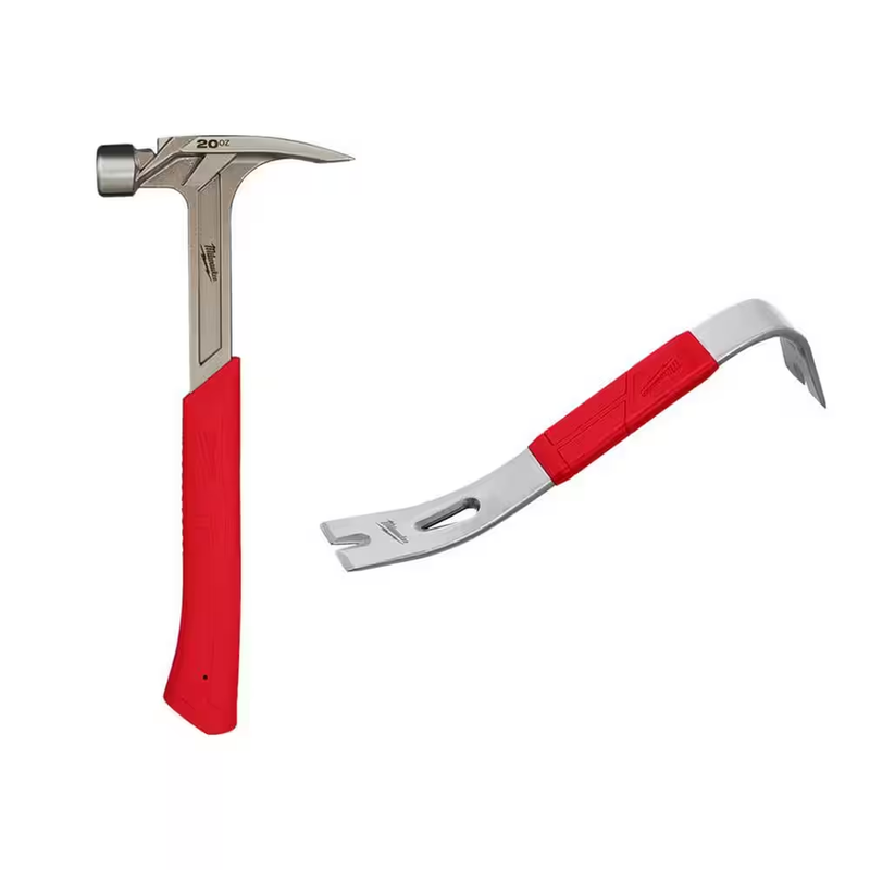 Milwaukee Hammer Pry Bar Set 20oz Smooth Face Rip Claw 12 Inch Demo Tool Kit