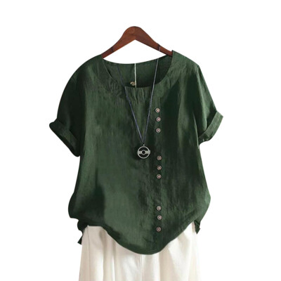 Summer Womens Cotton Linen Tunic Blouse Tops Ladies Short Sleeve Shirt Plus Size