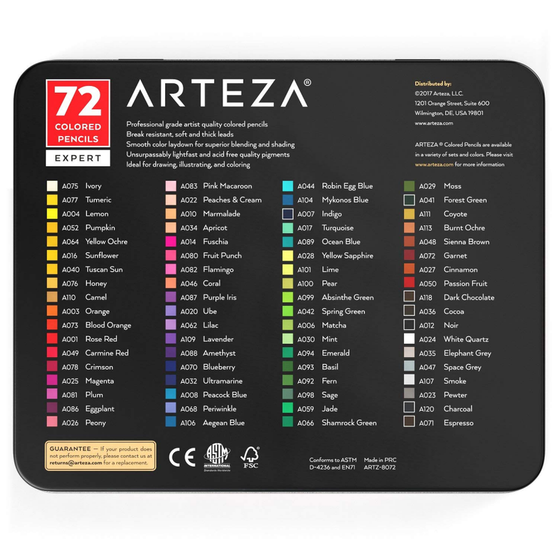 ARTEZA Colored Pencils, Professional Set of 72 Colors, Soft Wax-Based Cores, Ide