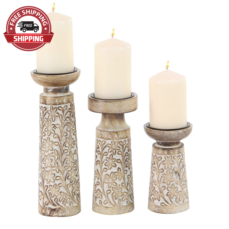 3 Candle Brown Mango Wood Handmade Floral Carved Pillar Cand