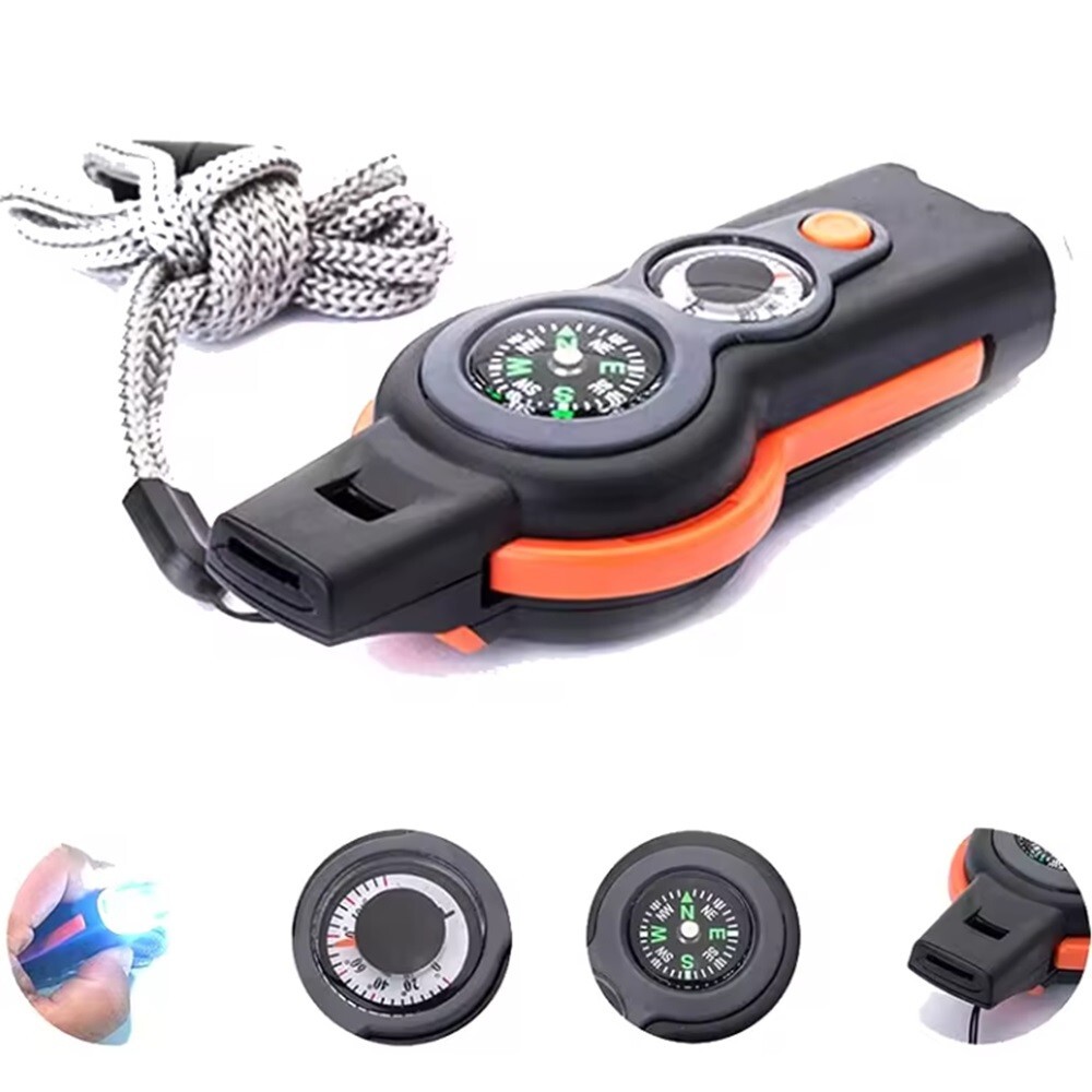 7-in-1 Emergency Survival Whistle, Outdoor Multifunctional Safety Tool w Lanyard