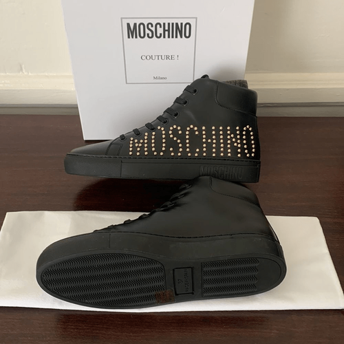 Pre-owned Moschino High Top Logo Studded Leather Sneaker Size 7 In Black