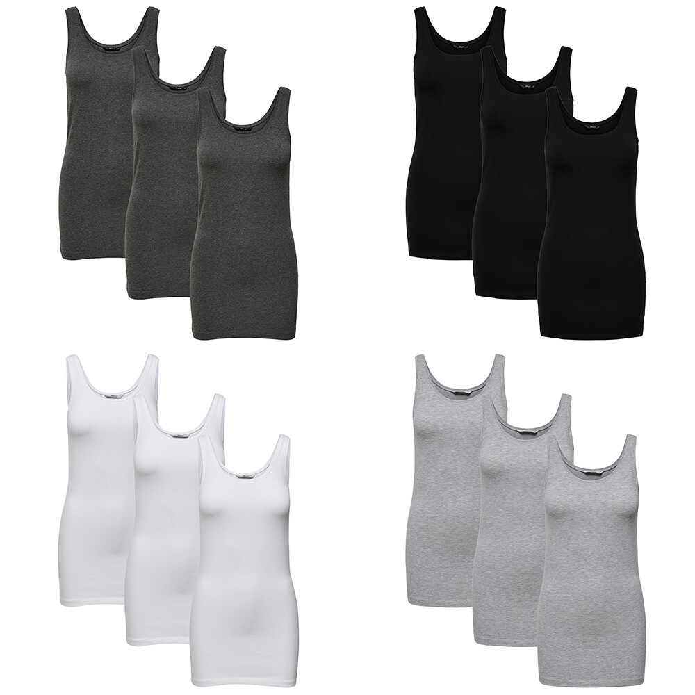 ONLY Damen 3er-Pack Basic Tank-Tops – Schmale Oder Breite Träger, 95% Baumwolle, Körpernahe Passform, Farbe Black1, Größe M