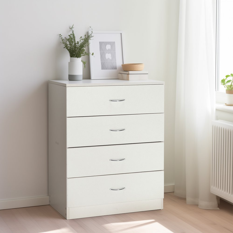 4-Drawer Dresser Pure White with Metal Handles Bedside Night Stand Bedroom, Whit