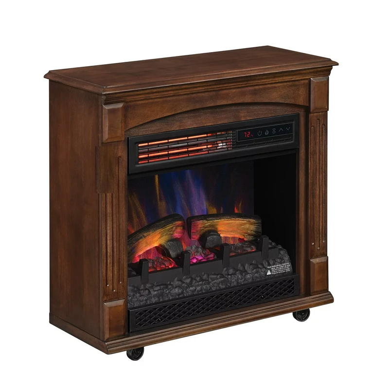 Rolling Portable Electric Fireplace Space Heater With Mantel