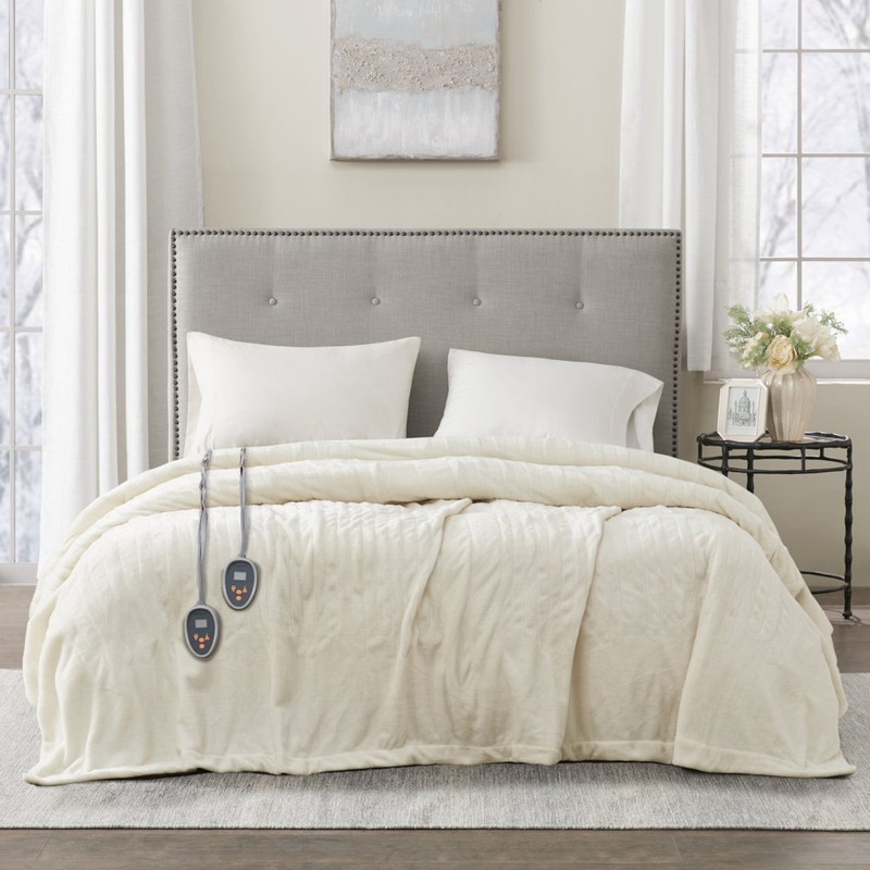 Electric Heated Blanket King Size Ivory White Soft Plush Auto Shut Off