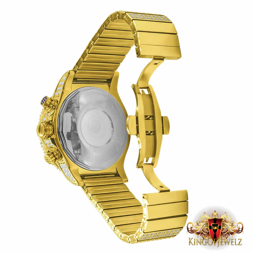 Pre-owned Blingmaster Solid Stainless Steel Yellow Gold Tone Simulated Diamond 10 Row Band Watch 48mm