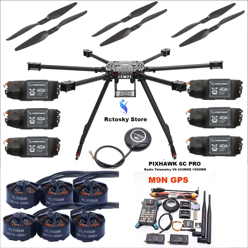 ZD850 Full Carbon Fiber 850mm Hexa-Rotor Frame BLHELI 40A ESC Pixhawk 6C PRO 2.4