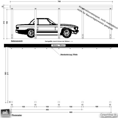 Anbau-Carport 4x7 m, Anlehncarport Grundkonstruktion mit Stützen 11x11 cm