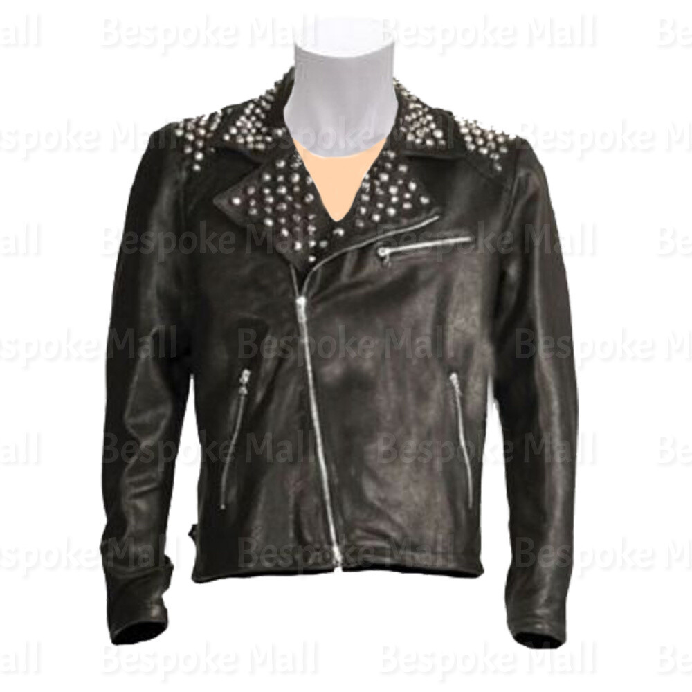 Pre-owned Handmade Men's  Black Silver Studded Genuine Cowhide Biker Leather Jacket-501