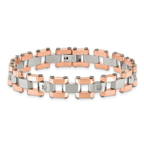 Pre-owned Chisel Stainless Steel Polished Rose Ip-plated W/ 1/5ct. Diamond 8.75in Bracelet In White