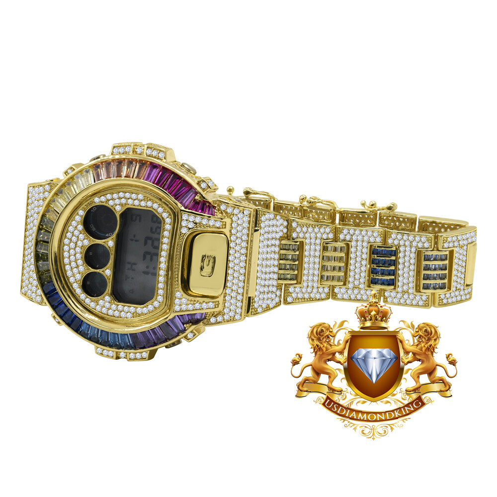 Pre-owned Usdiamondking Baguette Rainbow Multi Gold Finish Casio Shock Authentic Dw-6900 Custom Watch