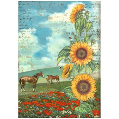 Stamperia SUNFLOWER ART AND HORSES  Decoupage Rice Paper A4 #DFSA4767