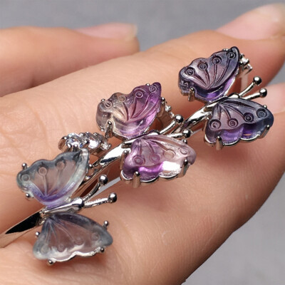 Mini Natural Colourful Crystal Fluorite Butterfly Ring Adjustable Gifts Healing