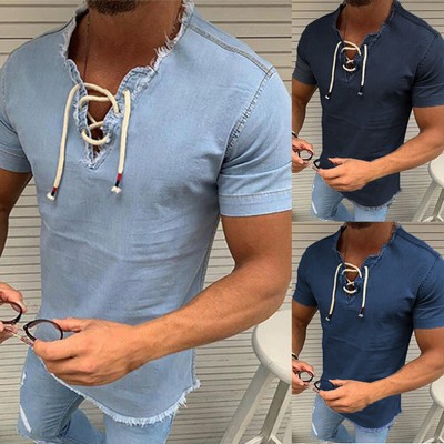 Herren Sommer TShirt Slim Fit Freizeit Muskel Kurzärmelig VAusschnitt Top