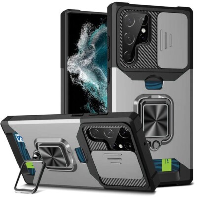 Multi-Functional Card Magnetic Ring Stand Camera Case Silver For Samsung S23