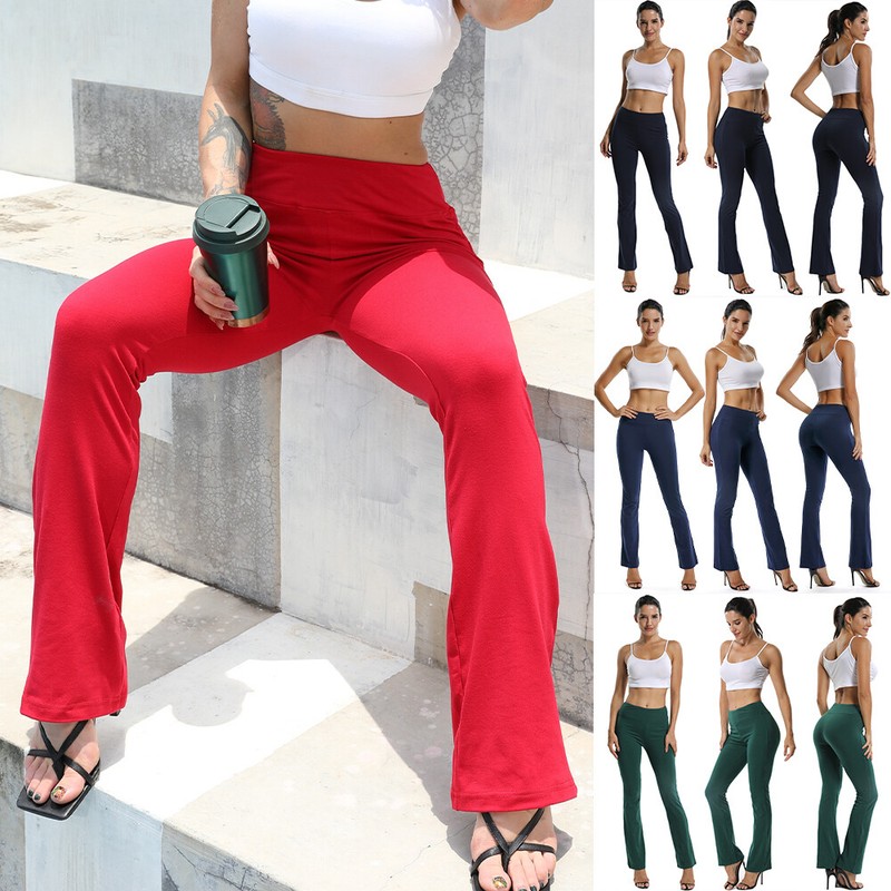 Women Fold Over Waist Yoga Pants Flared Leg Boot Gym Workout Long Stretch Cotton