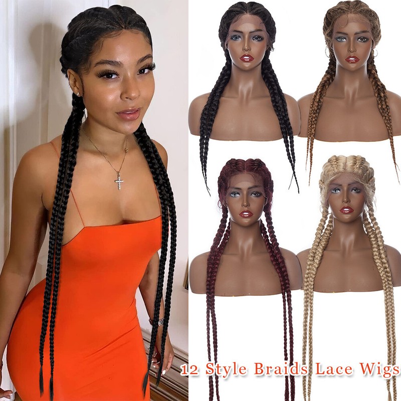 Sexy Dutch Braids Wig Kanekalons Box Braided Lace Front Wigs Black Wig for Women