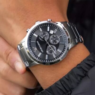 NEW GENUINE EMPORIO ARMANI MENS WATCH AR2460 WRISTWATCH SILVER TONE BLACK DIAL